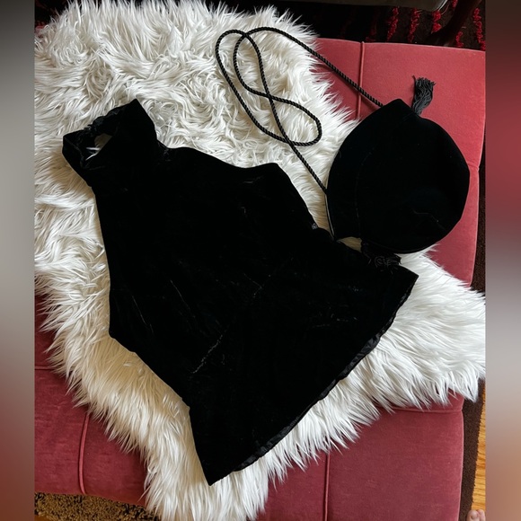 Vintage Black Velvet Bodysuit & Matching Evening Bag 90s Glam Retro Party Outfit - Picture 1 of 13